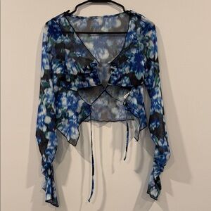 SHEIN Blue and Black Floral Sheer Blouse